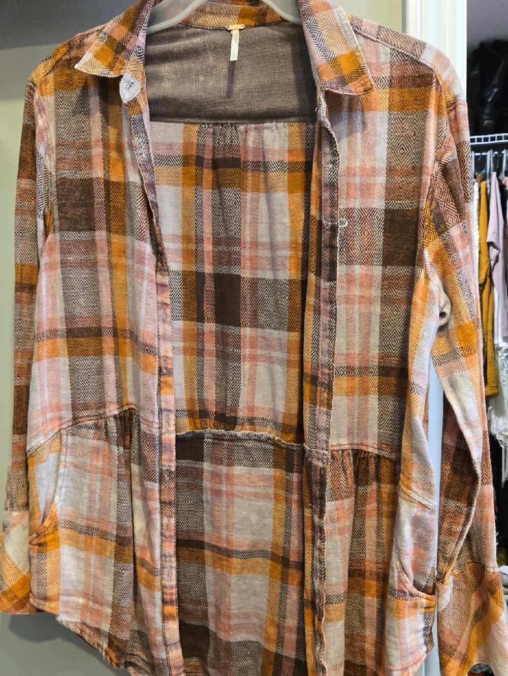 Free People Plaid Button-Up Shirt Jacket in Mustard, Brown, Pink